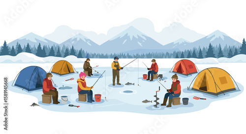 Winter ice fishing scene with campers and tents set against snowy mountain landscape