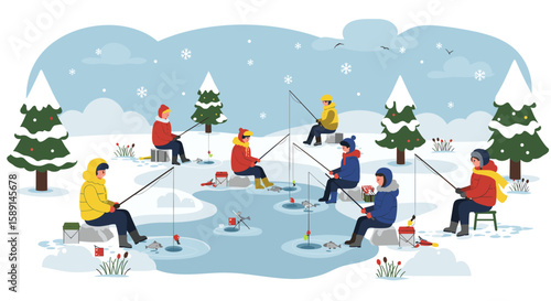 Winter ice fishing leisure scene with people in colorful outfits