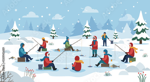 Winter ice fishing scene with people on frozen lake in flat style