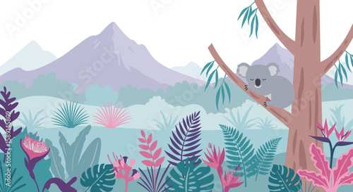 Serene koala in vibrant australian landscape with mountains and lush foliage
