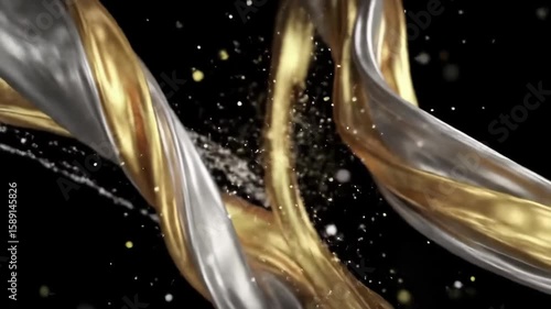 Abstract gold and silver ribbons with particles on black backdrop.