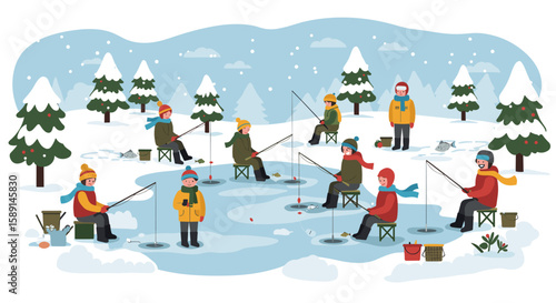 Ice fishing fun: winter activity in a snowy forest with people and pine trees