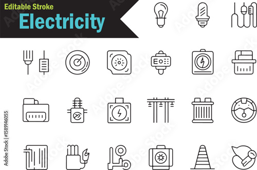 Editable Stroke Electricity Icons Power & Energy Symbols