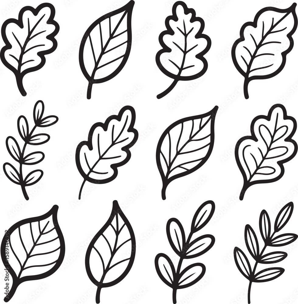 Fototapeta premium Decorative Leaf Doodle Vector Set in Hand Drawn Style