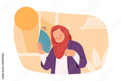 Sweating Muslim woman in hijab fanning herself to cool down due to hot weather illustration. Flat style, cartoon, vector isolated on white background