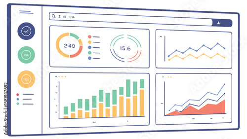 Dashboard interface with charts and graphs showing data analysis and performance metrics visualization design