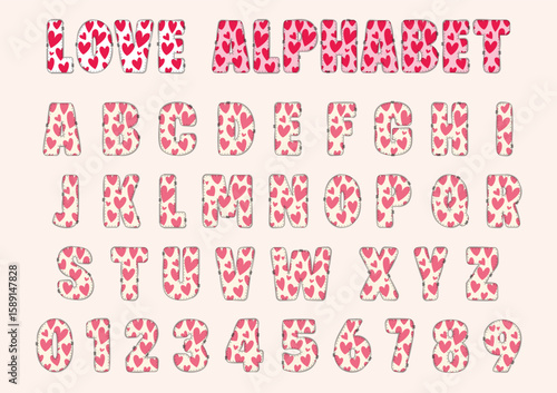Love heart Font Alphabet, Cute Valentine Heart Font Alphabet, letter of alphabet set, Valentine's Day theme, Typography typeface uppercase and number, A to Z, 0 to 9, Vector illustration