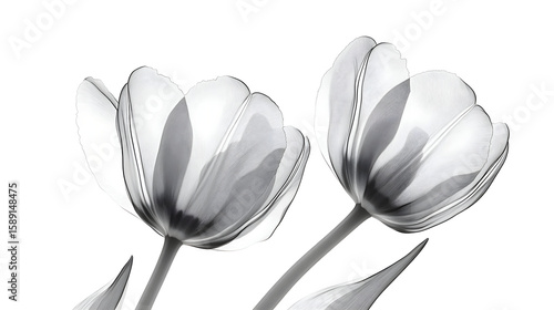 Two grayscale tulips against white background
