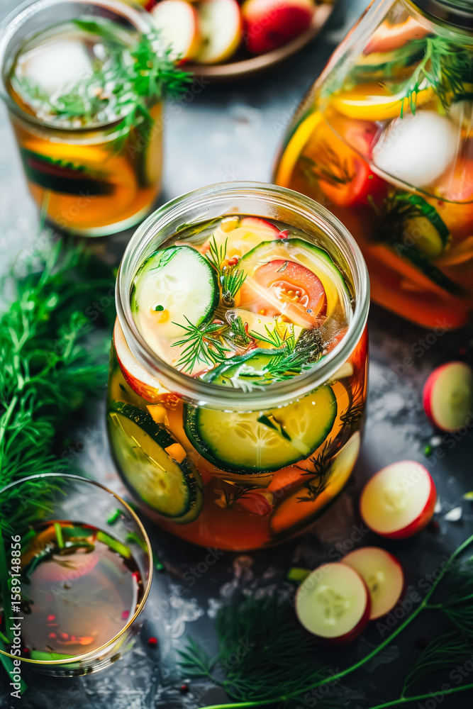Fototapeta premium Jar of cucumber pickles sits on a table