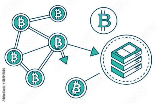 Bitcoin network connecting to a data storage server with blockchain technology shown in teal and white