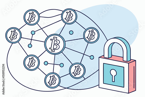 Bitcoin network connected with lines and padlock, representing secure cryptocurrency transactions online