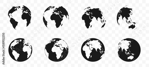 Earth globe silhouettes in black style showing different world map views for global travel and environmental concepts