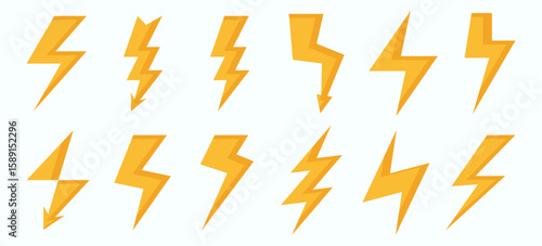 Lightning bolt icons in yellow style representing electric energy thunderstorm speed power and dynamic fast service