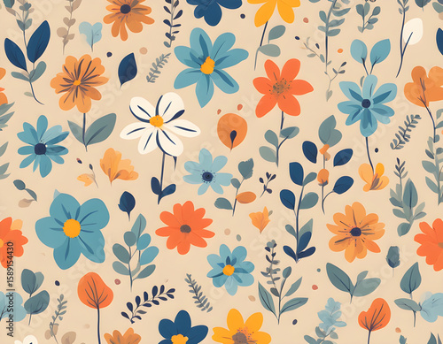 Colorful floral seamless pattern cartoon flat vector illustration on beige background