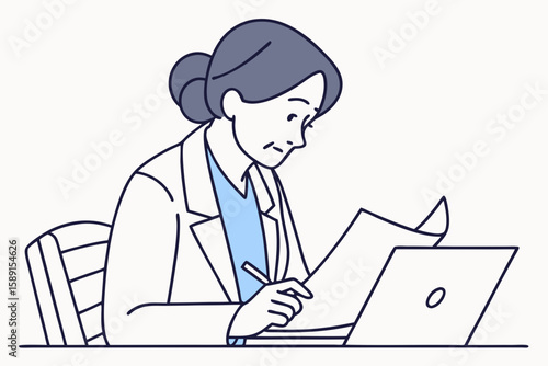 Middle-aged woman focused at work, engaged in professional tasks with determination in modern flat illustration style