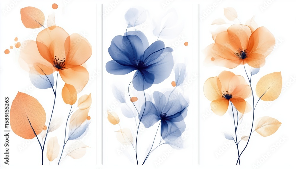 Abstract Art Triptych Featuring Blue Flower Water Art With Sweet Orange And Pink Floral Bouquets, Wildflower And Leaf Hand Painted For Wall Decor.