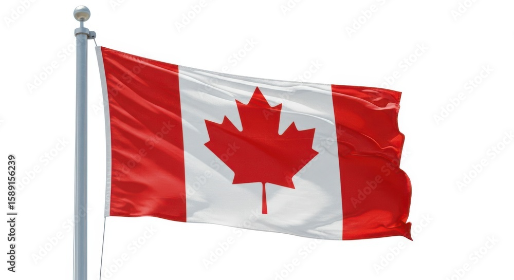 Canadian maple leaf flag waving on pole isolated on white background Canadian maple leaf flag waving on pole isolated on white background