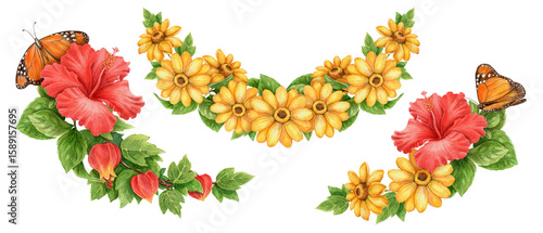 Wallpaper Mural Summer wide design set of monarch butterfly and hibiscus flower. Hand drawn watercolor floral artwork for tropical holiday theme decoration. Bright vivid and colorful seasonal card or print template. Torontodigital.ca