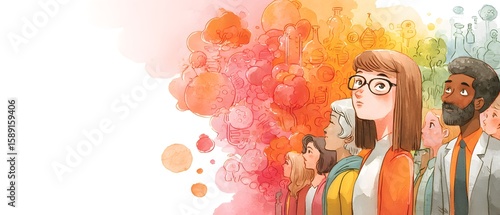 Diverse group of people looking ahead thoughtfully, with colorful abstract clouds of ideas and creativity above them.