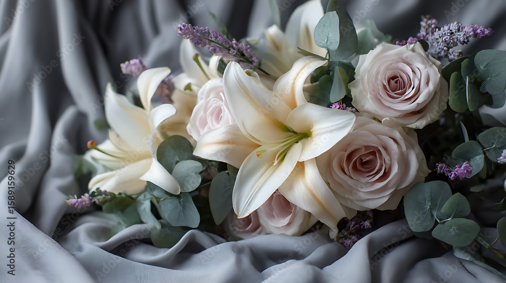 A chic and modern arrangement of creamy white lilies, pale pink roses, and lavender sprigs, highlighted by eucalyptus leaves and ivy. T