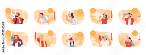Collection of people from various age groups and occupations experiencing discomfort, dehydration, and heat exhaustion due to extreme summer weather illustration. Concept of climate stress cartoon