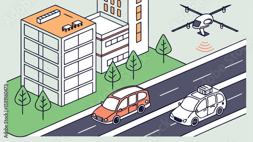 Illustration of a drone flying over a city street with cars and buildings in a modern style
