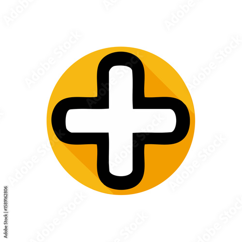 White Plus Sign Centered in Golden Yellow Circle with Black Outline on a Black Background