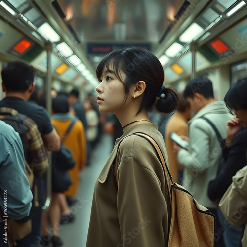 Amid the crowded subway, a girl stands still, lost in thought — a moment of pause in the city's chaos.
