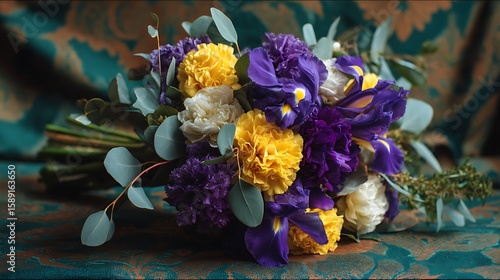 A chic mix of deep purple irises, bright yellow marigolds, and soft white carnations, complemented by green eucalyptus and rosemary