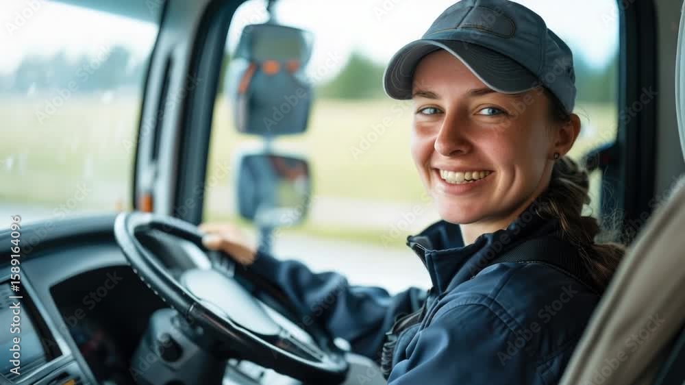 A happy woman behind the wheel of a big rig, smiling and enjoying the ride A happy woman behind the wheel of a big rig, smiling and enjoying the ride