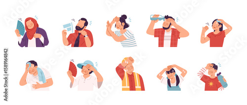 Set of character from various age groups sweating and suffering from summer heatwave illustration. Carton or flat style, vector design isolated on white background