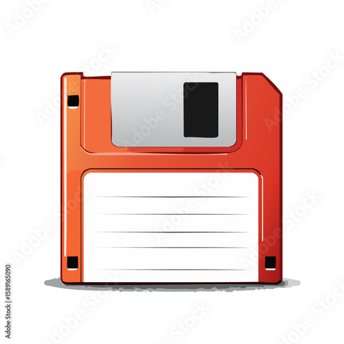 Retro orange floppy disk with white label for data storage, vintage computer technology vector