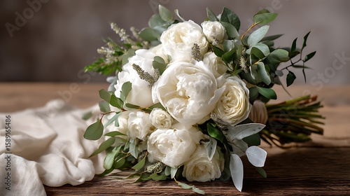 A delicate arrangement of ivory roses, lavender sprigs, and soft white peonies, highlighted by lush green eucalyptus and sprigs of ivy.