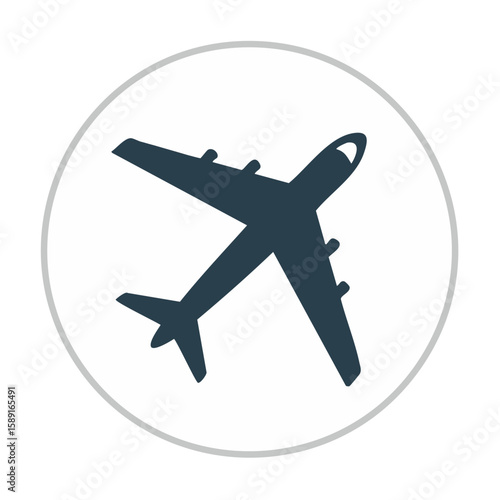 Airplane icon in a circle, symbol of air travel, flight, aviation, and transportation