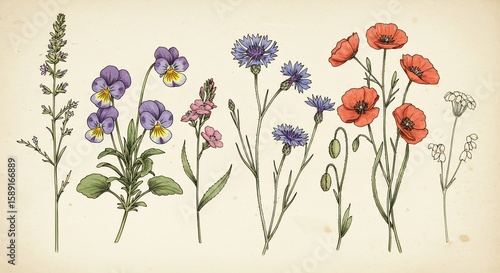 Zachte pastelkleuren verfraaien gedetailleerde wilde bloemen illustraties. AI Generated