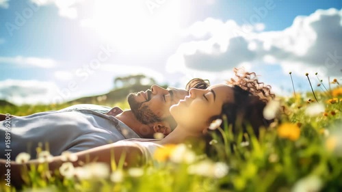 Joyful Couple Relaxing in Vibrant Sunny Meadow, Embracing Nature's Peace