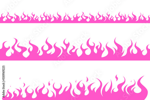 Pink flames borders set. Simple purple girly horizontal fire. y2k cute emo designs. Vector illustration isolated on a white background in flat style.