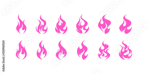 Pink flames icon set. Simple purple fire emoji stickers. Collection of y2k emo cute girly designs. Vector illustration isolated on a white background in flat style.