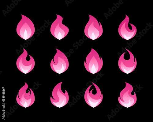 Pink flames icon set. Simple purple fire emoji stickers. Collection of y2k emo cute girly designs. Vector illustration isolated on a black background in flat style.