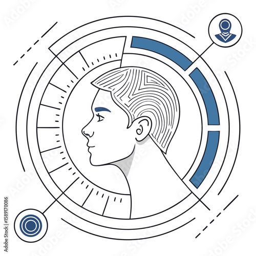 Stylized portrait of a man in profile with circular data visualization elements surrounding the head