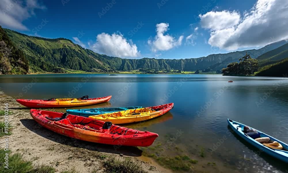 Colorful Kayaks on a Serene Mountain Lake Colorful Kayaks on a Serene Mountain Lake