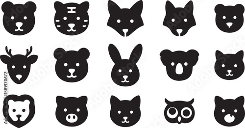 Funny cartoon animal heads illustration set with cats, dogs, pigs, bears, and rabbits