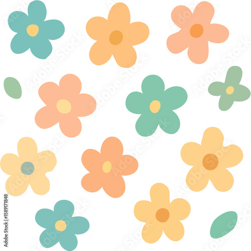 A cheerful collection of pastel-colored stylized flowers scattered on a white background.