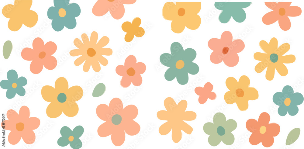 Fototapeta premium A collection of colorful, stylized flowers in various shapes and sizes, arranged on white.