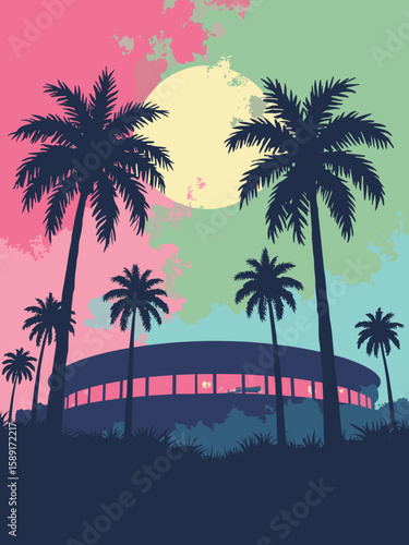 Miami Gardens, Florida – Hard Rock Stadium silhouette with palm fronds in hot pink, charcoal, lime green, and teal
