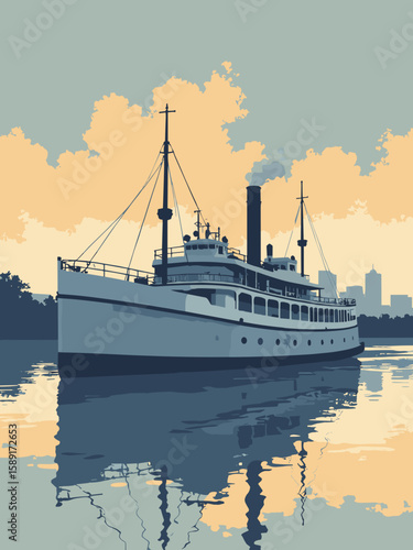 Evansville, Indiana – Ohio River steamboat bow and skyline reflections in navy, sunset gold, steel gray, and cream