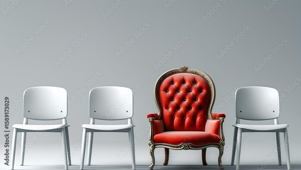 Fototapeta premium a row of four chairs. Three of the chairs should be simple, white, and sleek with a minimalist design