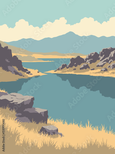 Westminster, Colorado – Standley Lake with rocky outcrops and prairie grass in ochre, stone gray, sage, and sky gold