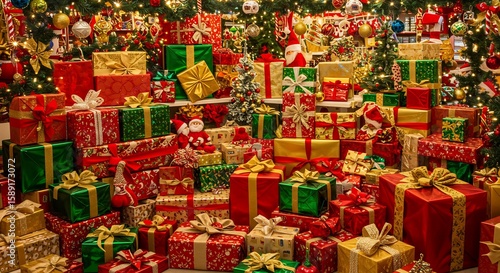 Kerstcadeaus fonkelen vrolijk onder warme lampjes. AI Generated