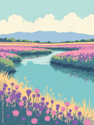 Carlsbad, California – flower fields and Batiquitos Lagoon in lavender, chartreuse, pond teal, and sky white